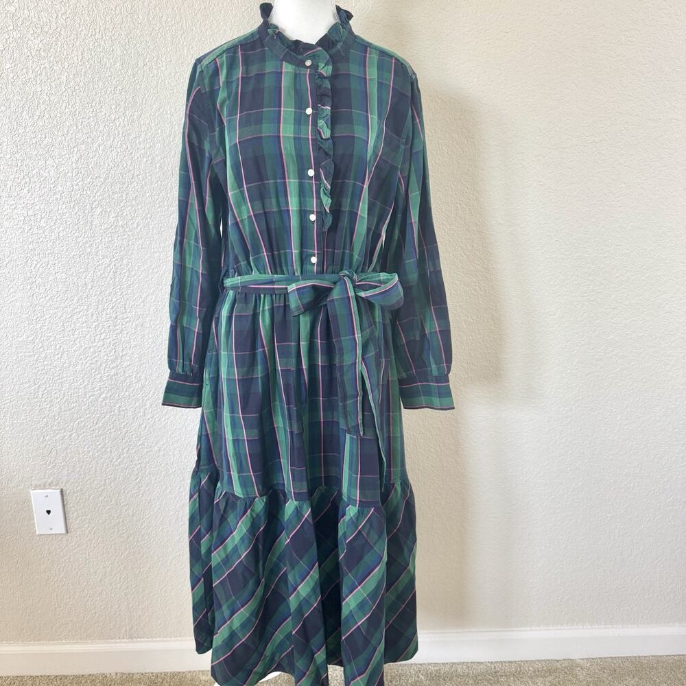 Green Plaid Ruffle Collar Maxi Dress with Self Tie Belt